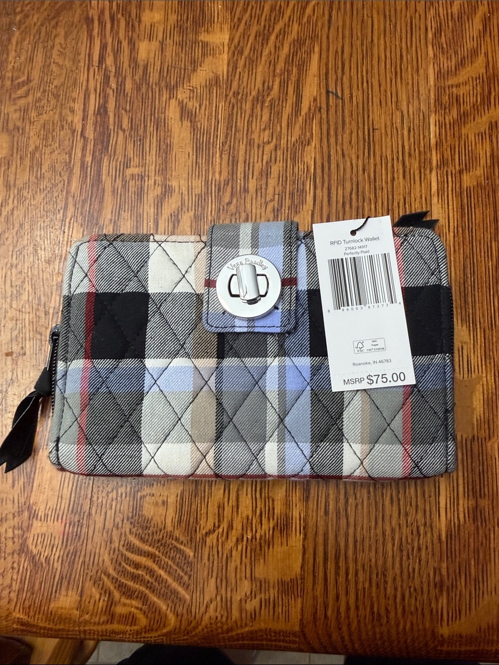 Vera Bradley Quilted RFID Wallet in Black, Gray, White Plaid